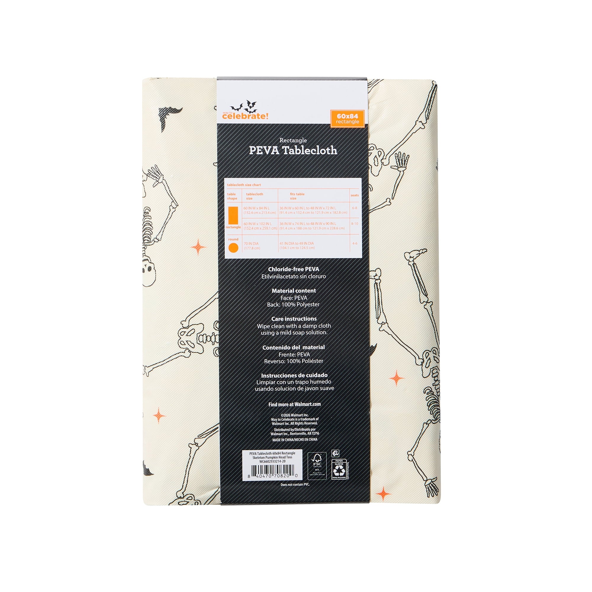 Way To Celebrate Halloween PEVA Tablecloth, For Table 60" x 84" - Skeleton Pumpkin Head Toss