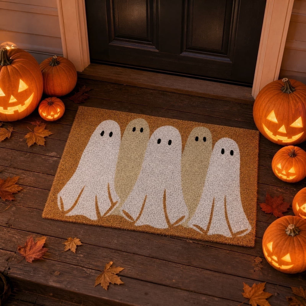 Cute Ghost Family Halloween Doormat - Spooky Fall Welcome Mat with Five Playful Ghosts for Front Porch Entryway Indoor Outdoor Decor