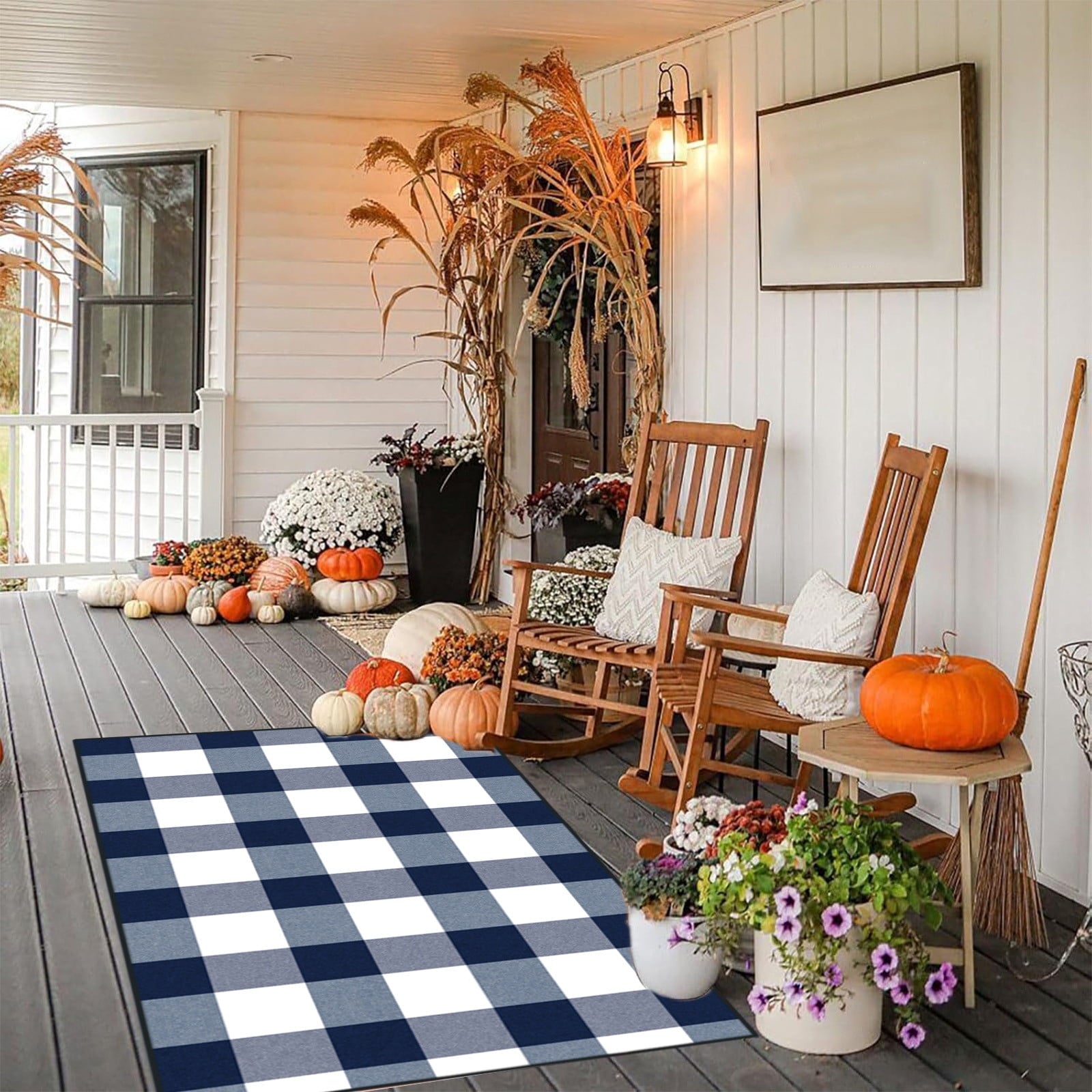 Halloween Fall Outdoor Rug Plaid Rug Foldable Floor Mat for Thanksgiving Front Door Front Porch Farmhouse Entryway Patio Decoration