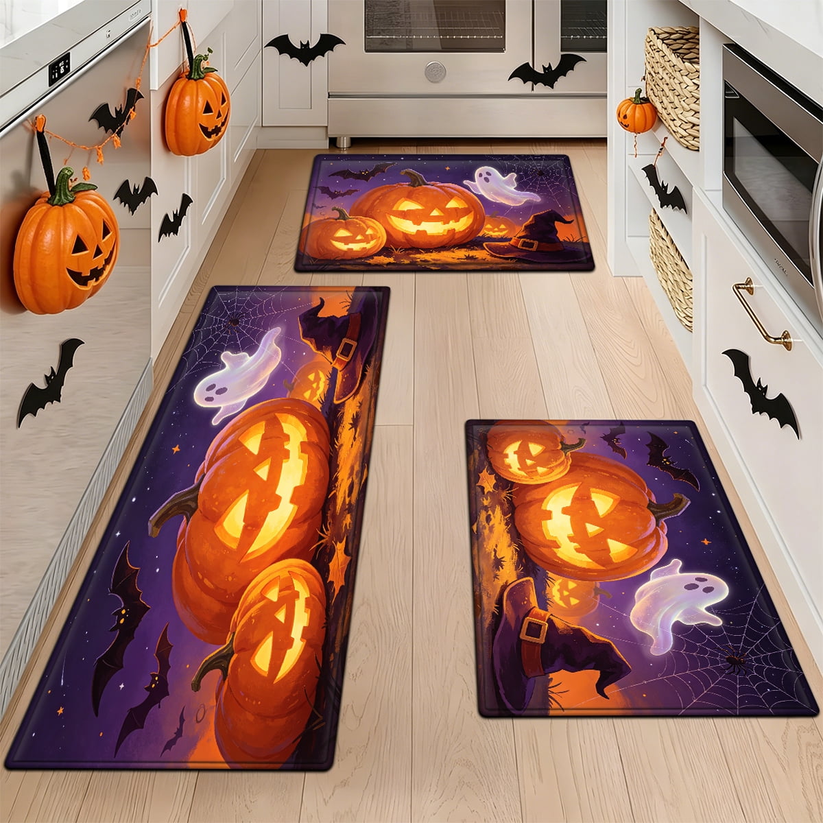 YIMEIS Halloween Pumpkin Lantern 3Pcs Flannel Mat & Kitchen Rugs Set,16''×24'' 20''×30'' 17''×47'' Inches,Soft Non-slip for Home Bathroom