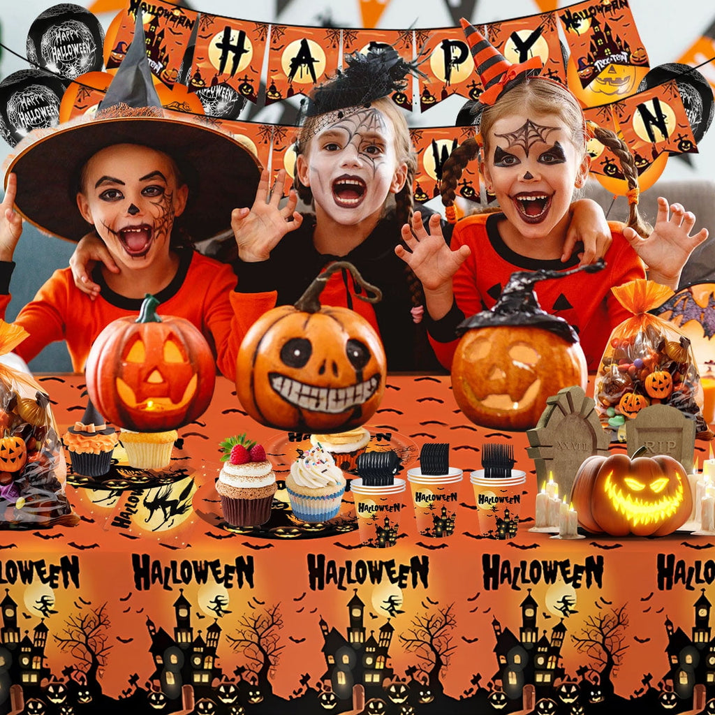 Halloween Paper Plates for Halloween Party Decoration Disposable Cups Napkins Table Cover Balloons Banner for Halloween Birthday Party Supplies Serve 20 Design2