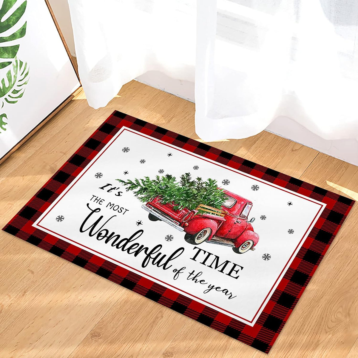Christmas Snowman Trees Entrance Door Mat, Red Plaid Low Profile Tradition Christmas Decor Welcome Doormat, Non-Slip Carpet Rugs Floor Mat Decorative for Home/Bathroom/Kitchen - 20"x31.5"