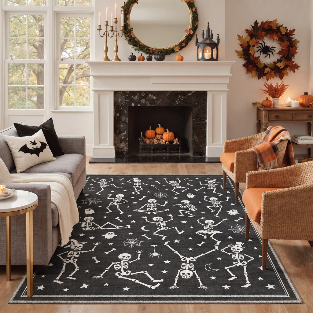 GENIMO 2'x7' Halloween Runner Rug, Washable Non Slip Soft Whimsical Skeleton Indoor Outdoor Hallway Runner for Porch Patio Kitchen Entryway, Charcoal Black