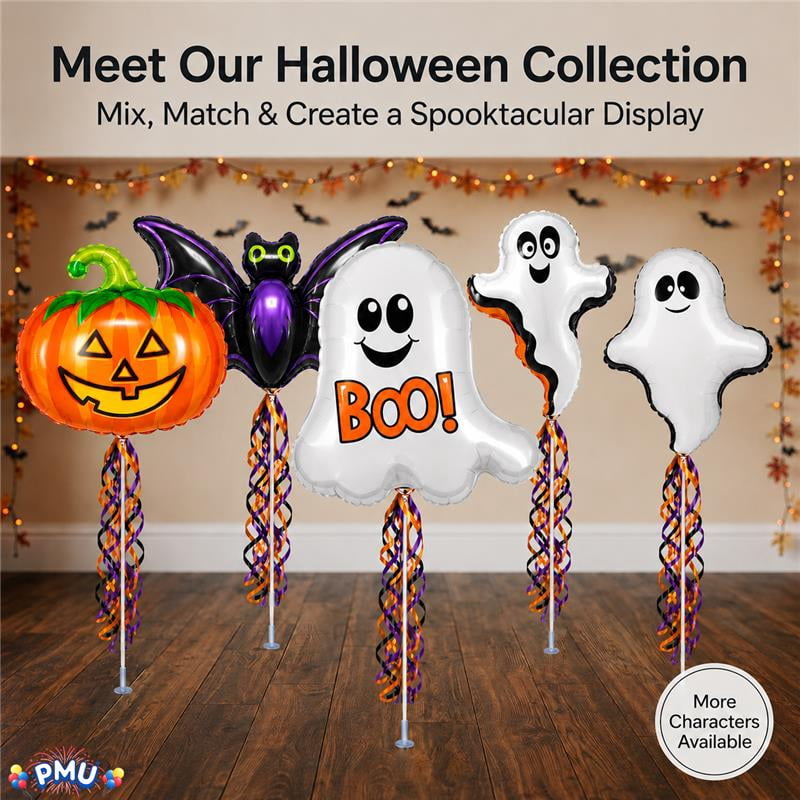 PMU Halloween Pre-Inflated Balloons "Whimsical Pumpkin" 9 Inch Air-Filled Pre-inflated with a Cup and a Stick (1/Pkg) Pkg/1