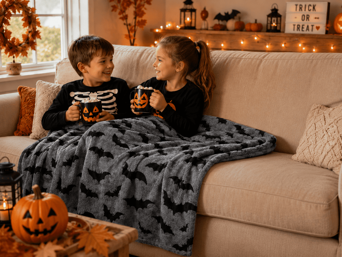 Serafina Home Halloween Throw Blanket: Fuzzy Boo! Jack O'Lantern Spider Webs Skull and Black Cats Print on Velvet Fleece for Sofa Bed Couch Chair Dorm