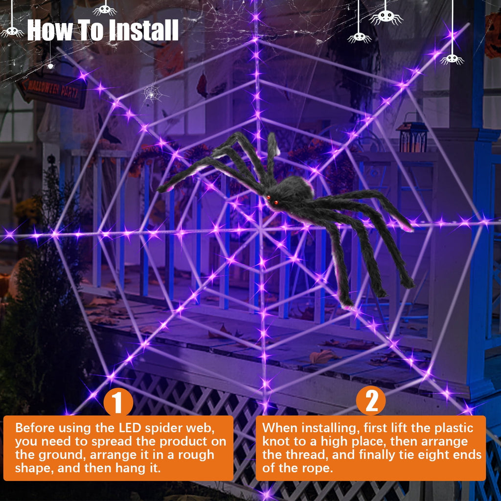 Innens 11.8ft Halloween 144 LED Purple Spider Web Lights with 35" Giant Spider Light up Cobweb Halloween Decorations for Indoor Ourdoor Garden Yard Home Patio (Black, 1Pc)