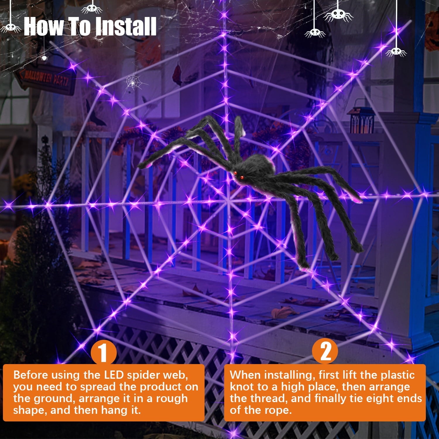Innens 11.8ft Halloween 144 LED Purple Spider Web Lights with 35" Giant Spider Light up Cobweb Halloween Decorations for Indoor Ourdoor Garden Yard Home Patio (Black, 1Pc)
