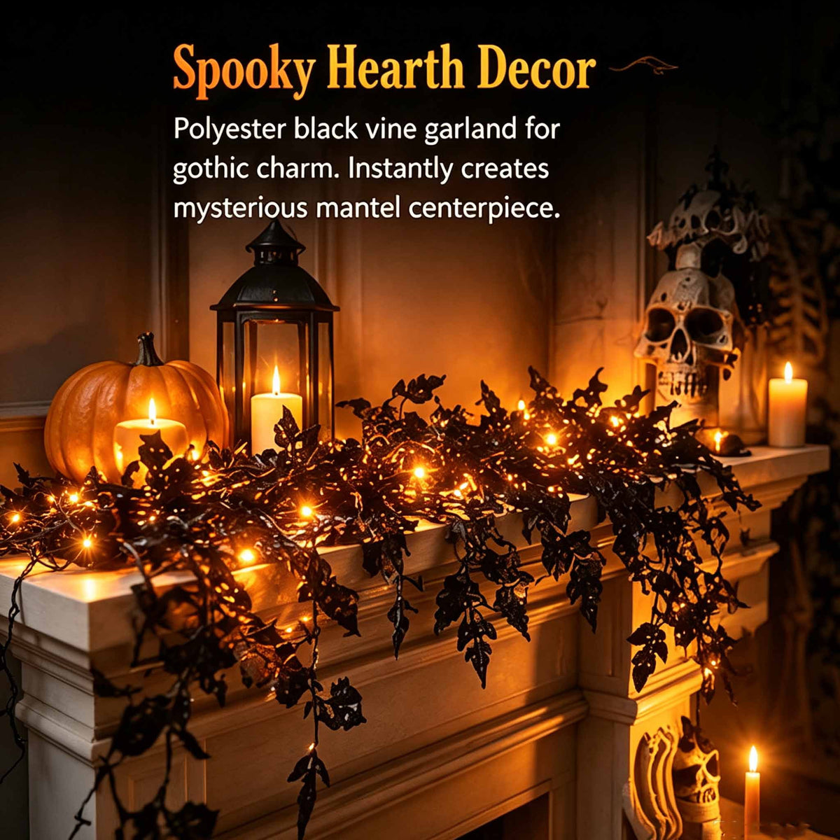 Halloween Garland with LED Lights,Halloween Fireplace Mantel and Door Decoration with Vine Light,Gothic Black Vine Halloween Decor for Indoor Home