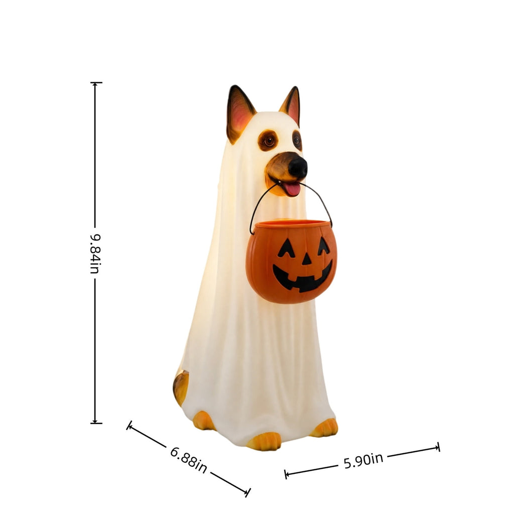 Clearance Halloween Schnauzer Bat Figurine with Ghost Bucket, 8 inch Resin Cute Dog Gifts Tabletop Decor