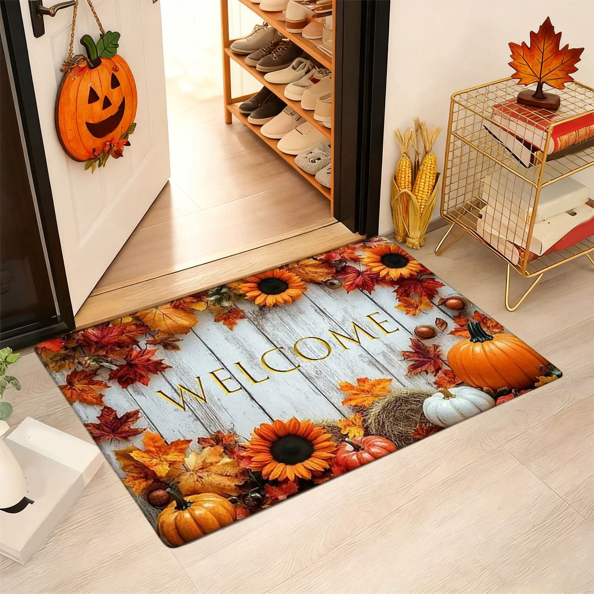 syligr Halloween Thanksgiving Doormat with Maple Leaf & Pumpkin Patterns - Non-Slip Floor Mat for Entryway, Kitchen, Porch, Fall Harvest Decor Rug with Anti-Fatigue Backing, Gift for Thanksgiving