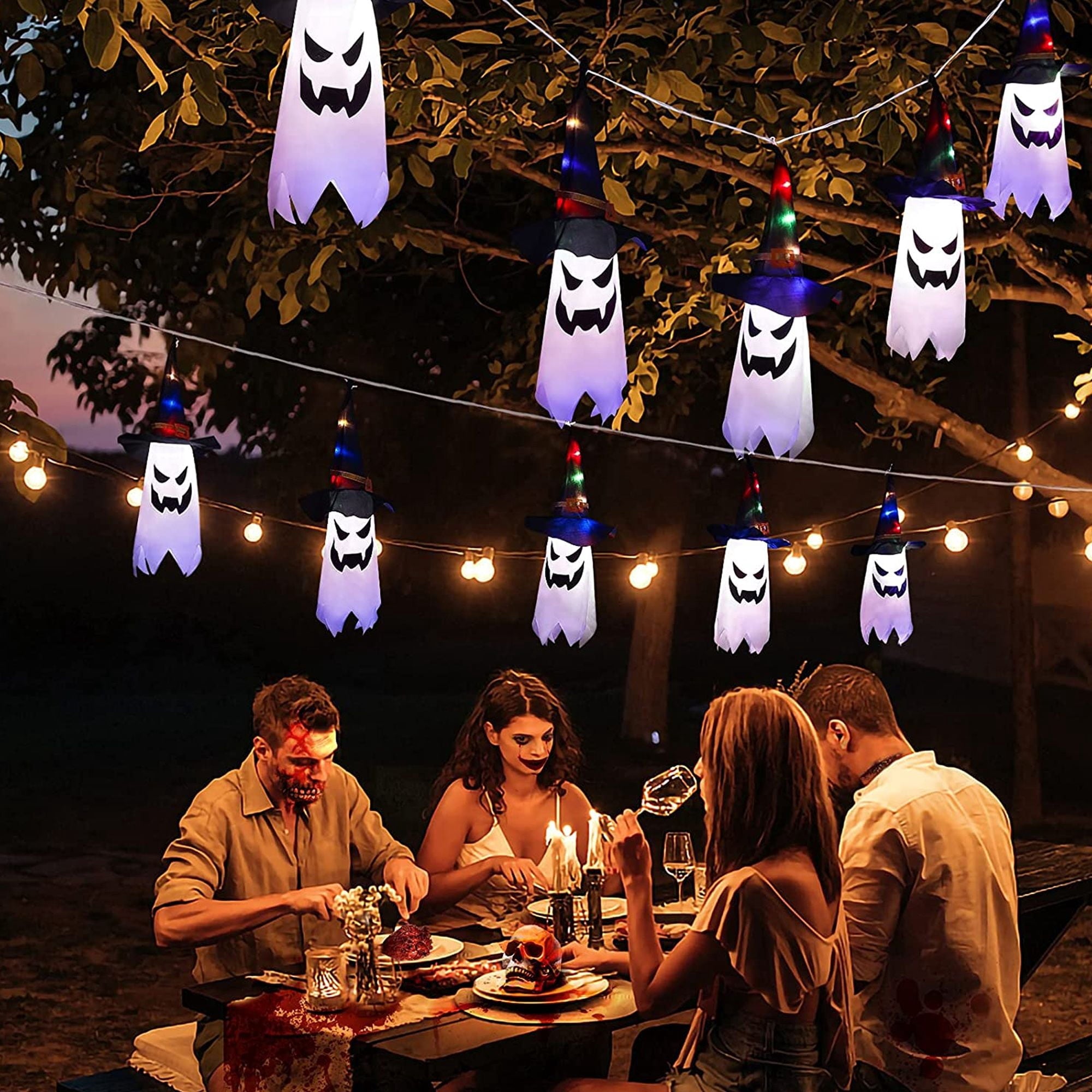 Deago Halloween Lights 9.8ft Battery Operated Ghost Witch Hat 5 LED String Lights Halloween Decoration for Indoor Outdoor Home Party Halloween Decor, White