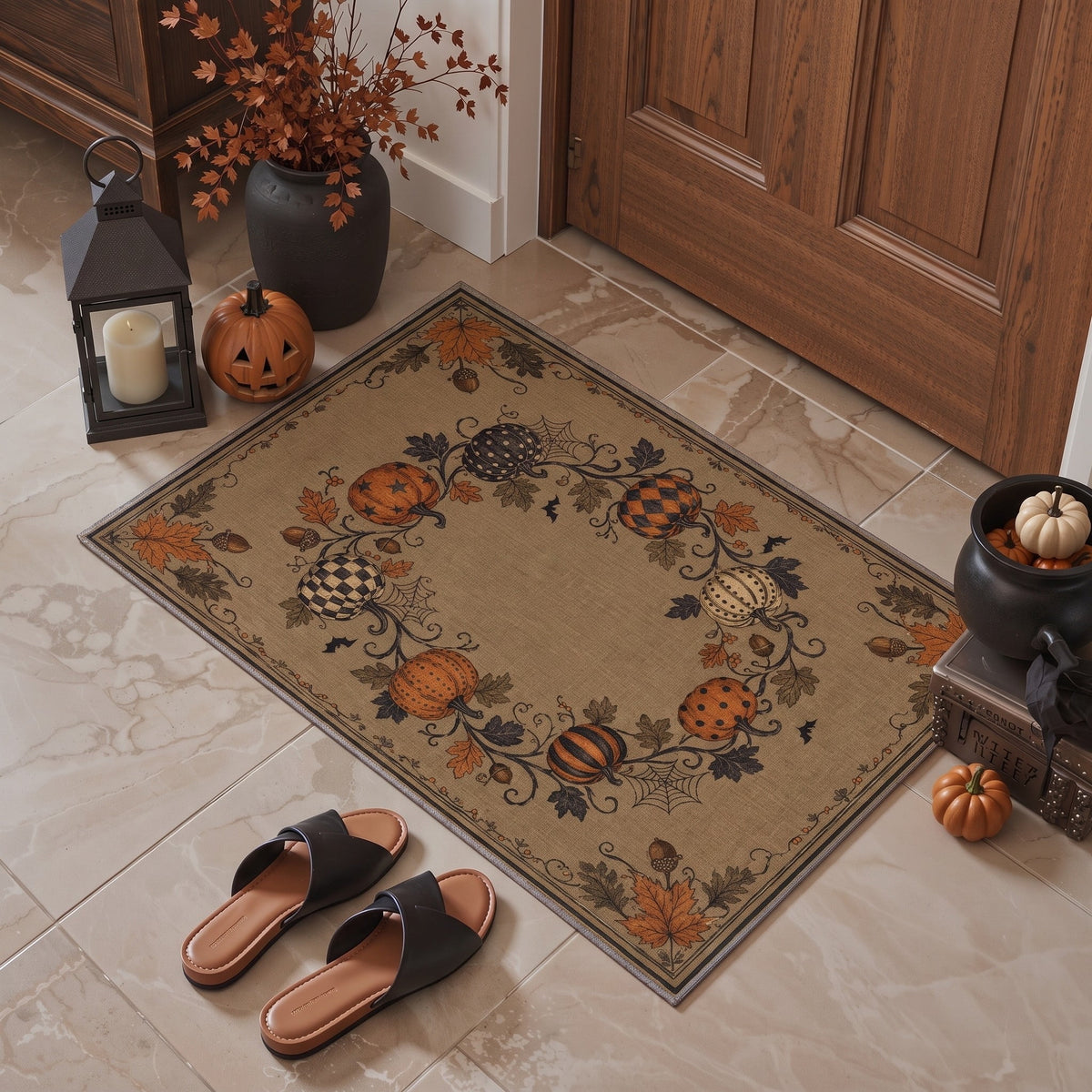 GENIMO 2'x3' Halloween Doormat, Washable Non Slip Soft Vintage Witch Outdoor Door Mat for Front Door Covered Porch Patio Entryway, Burnt Amber