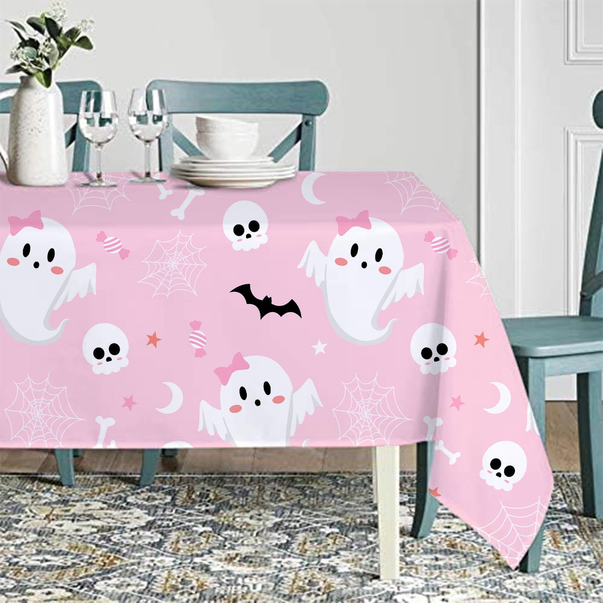 BrandName 1PC Pink Halloween Themed Tablecloth 9.0 x 4.3 ft Halloween Party Table Cover Ghost Bat Skull Spider Web Print Disposable Style Table Decoration for Indoor Outdoor Celebration Supplies