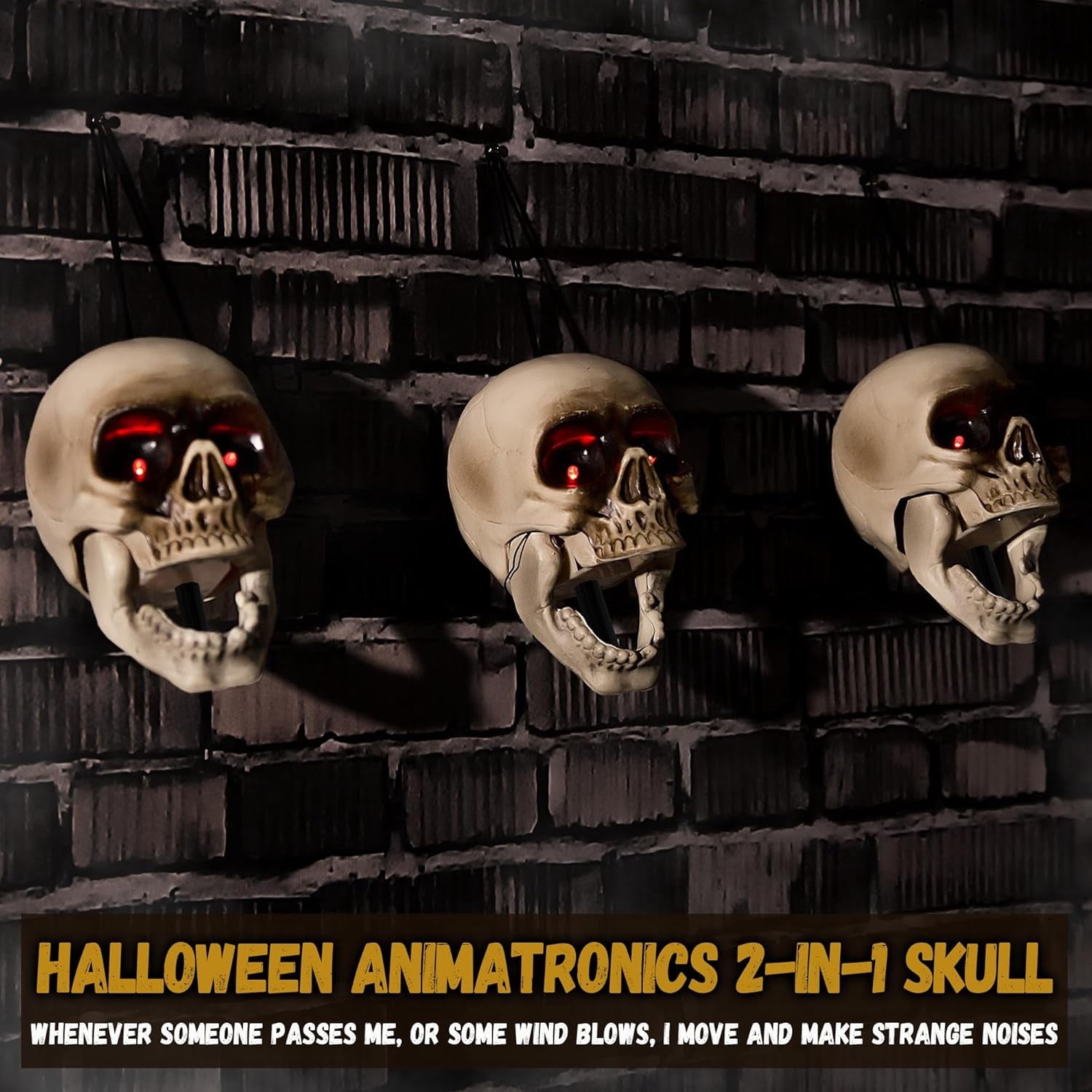 Halloween Animatronics Skull Stakes Pathway Markers, Hanging Animated Decorations, Floating Scary Skeleton with Sound Activated, Talking, Light Up Eyes, Haunted Horror Prop for Indoor, Outdoor (3Pack