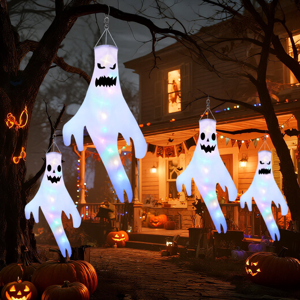 Qoosea 3 Pack Halloween LED Lights Witch Hat Ghost Hangers, Purple/Green/Orange, 3 Lighting Modes, Waterproof Battery Case, Halloween Decorations