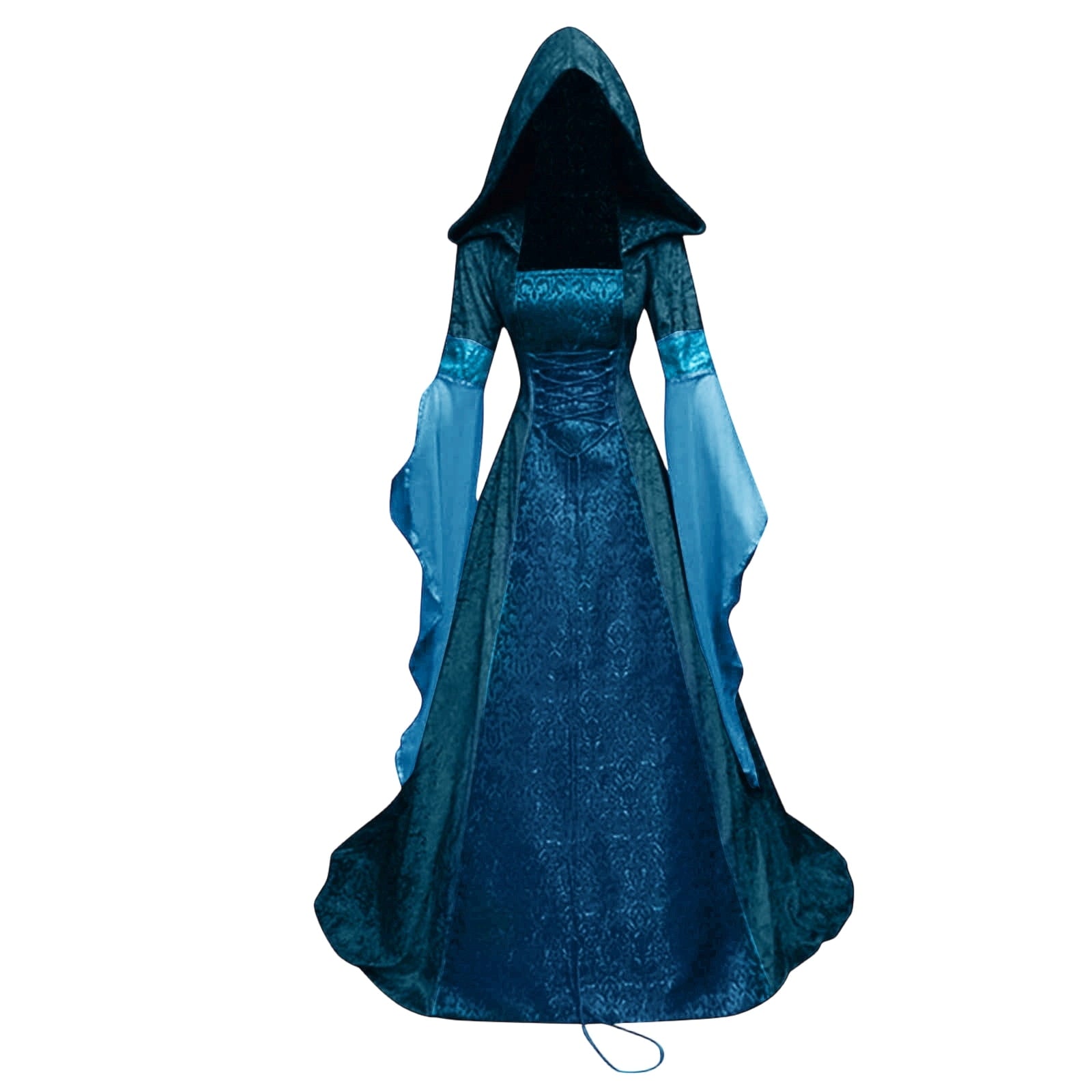 Medieval Renaissance Hooded Dress for Women, Silver Gothic Witch Costume with Lace-Up Corset, Vintage Velvet Long Sleeve Gown for Halloween Cosplay Renaissance Wedding Themed Party-Dark Blue/L