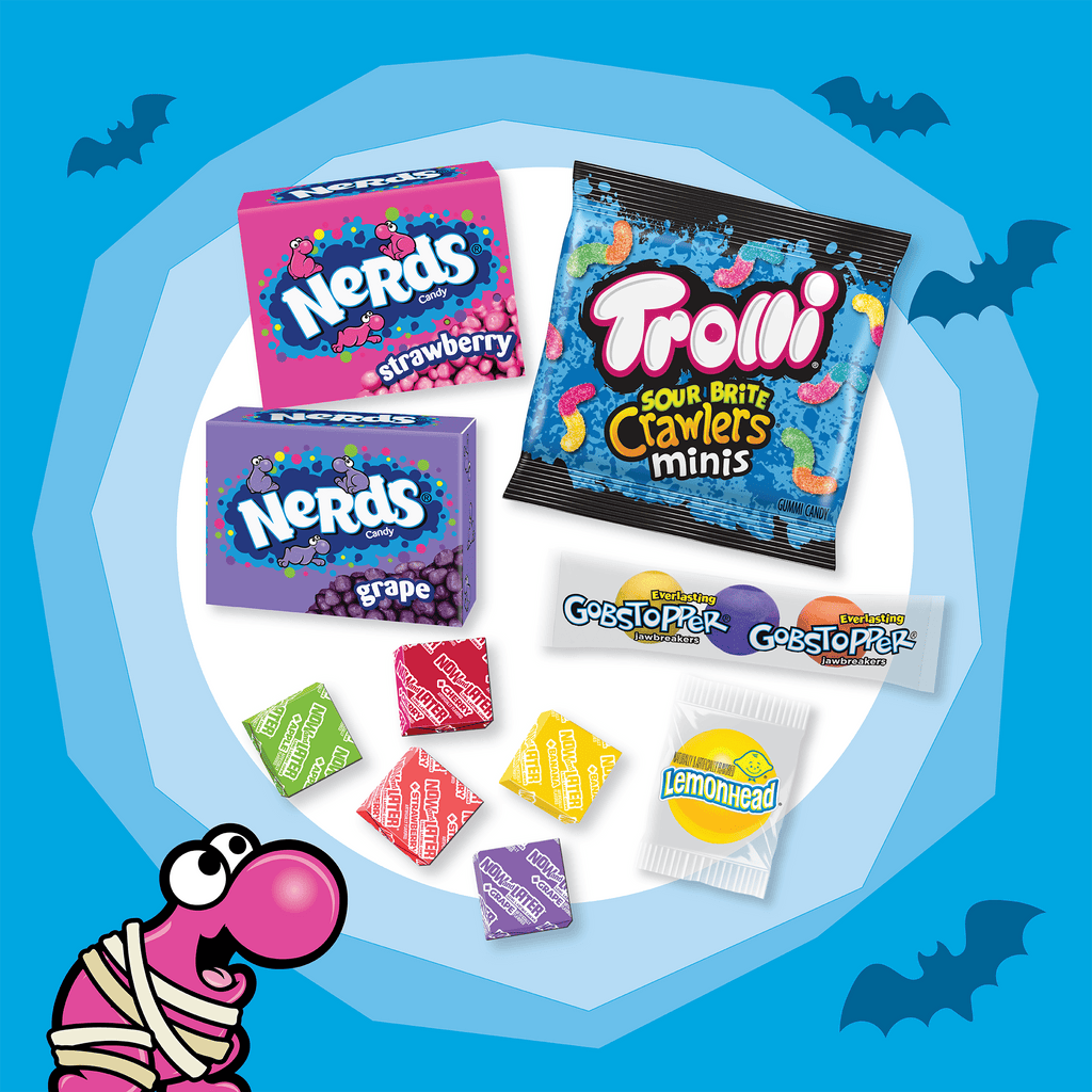 Nerds Classic Fun Halloween Trick-or-Treat Variety Bag, Laffy Taffy, Now and Later, Lemonhead, Gobstopper, and NERDS Original, 425 Pieces, 104.6 Ounces