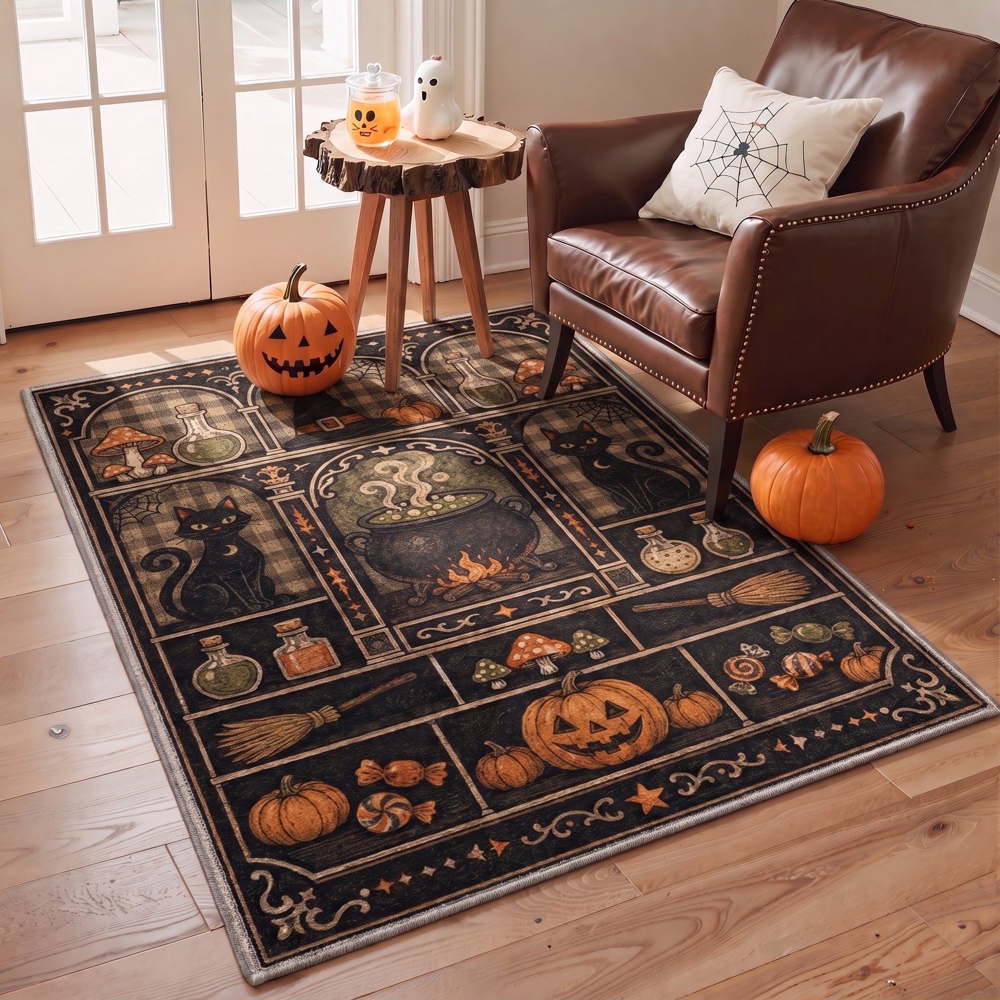 GENIMO 2'x3' Halloween Doormat, Washable Non Slip Soft Whimsical Cat Outdoor Door Mat for Front Door Covered Porch Patio Entryway, Rustic Black