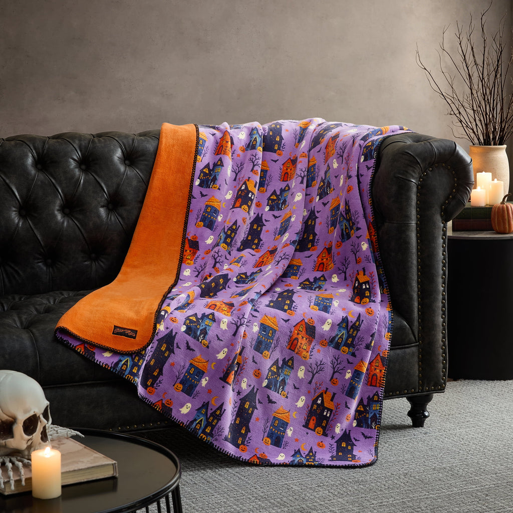 Boo-tique Halloween Plush Soft Oversized Couch Throw Blanket, Cats and Pumpkins, Orange, 50 x 72 in