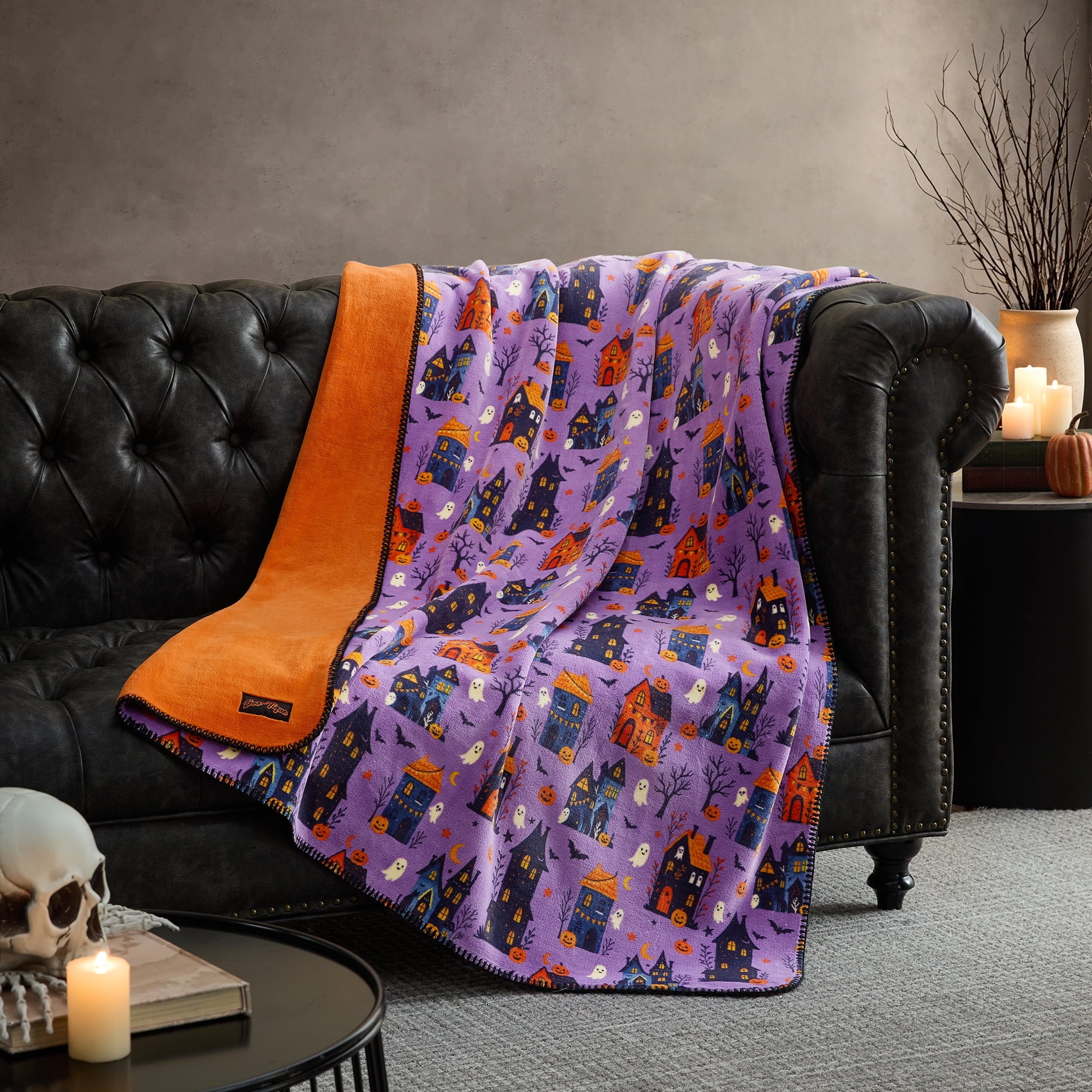 Boo-tique Halloween Plush Soft Oversized Couch Throw Blanket, Cats and Pumpkins, Orange, 50 x 72 in