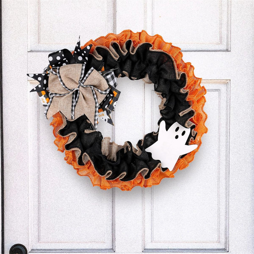 15" Halloween Boo Ghost Wreath for Front Door - Farmhouse Burlap Wreath with Bows, Indoor/Outdoor Decor for Home, Window & Party, Trick or Treat Welcome Sign