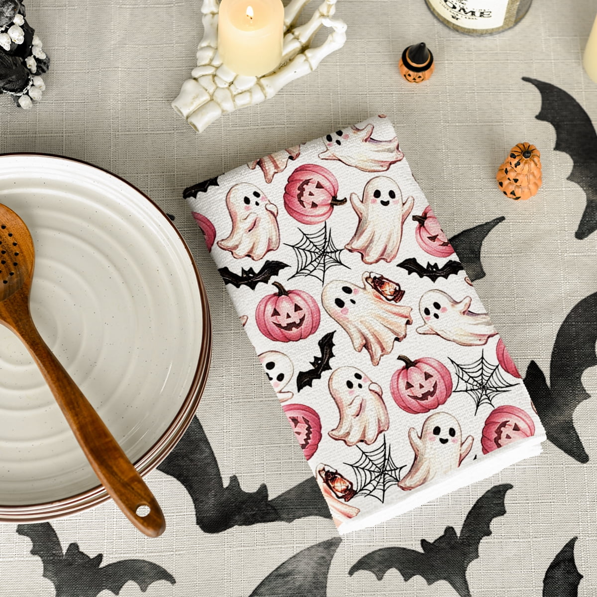 Sm:)e Pumpkin Ghost Bat Happy Halloween Dish Towels Set of 4, 18x26 Inch, Seasonal Holiday Hand Towels for Kitchen and Dining Table