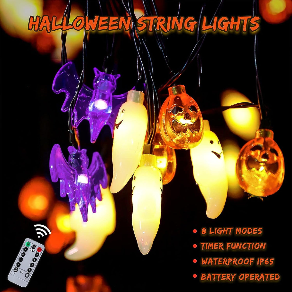 Halloween Lights, 20FT 30 LED Waterproof 3D Pumpkin Bat Ghost Battery Operated String Lights with Timer - 8 Lighting Modes Fairy Light for Window Indoor Outdoor Decor Halloween Party Decorations
