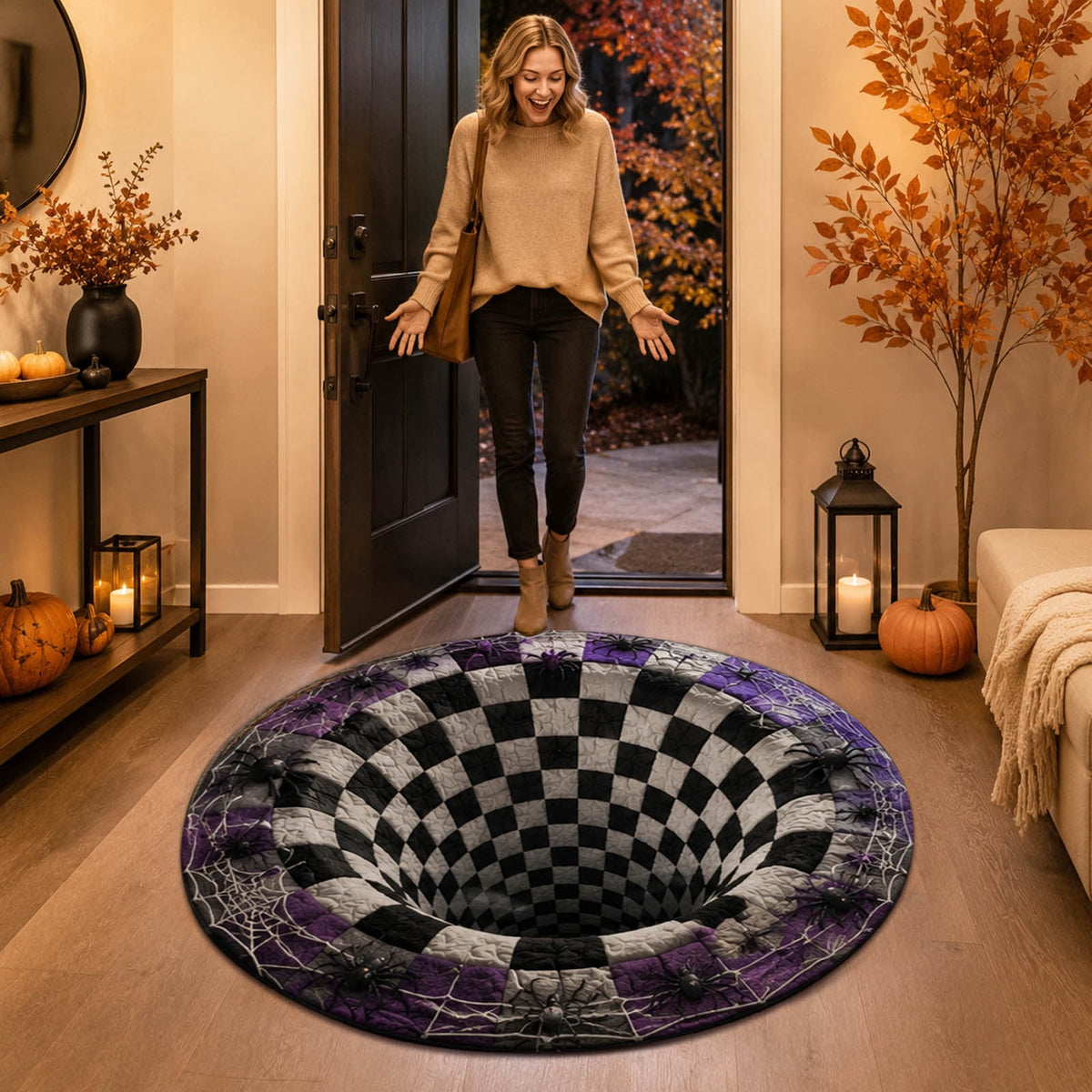 3D Illusion Halloween Round Rug, Non Printed Optical Vortex Doormat, Spooky Circular Floor Mat for Indoor Entryway Home Party Decor 60x60cm