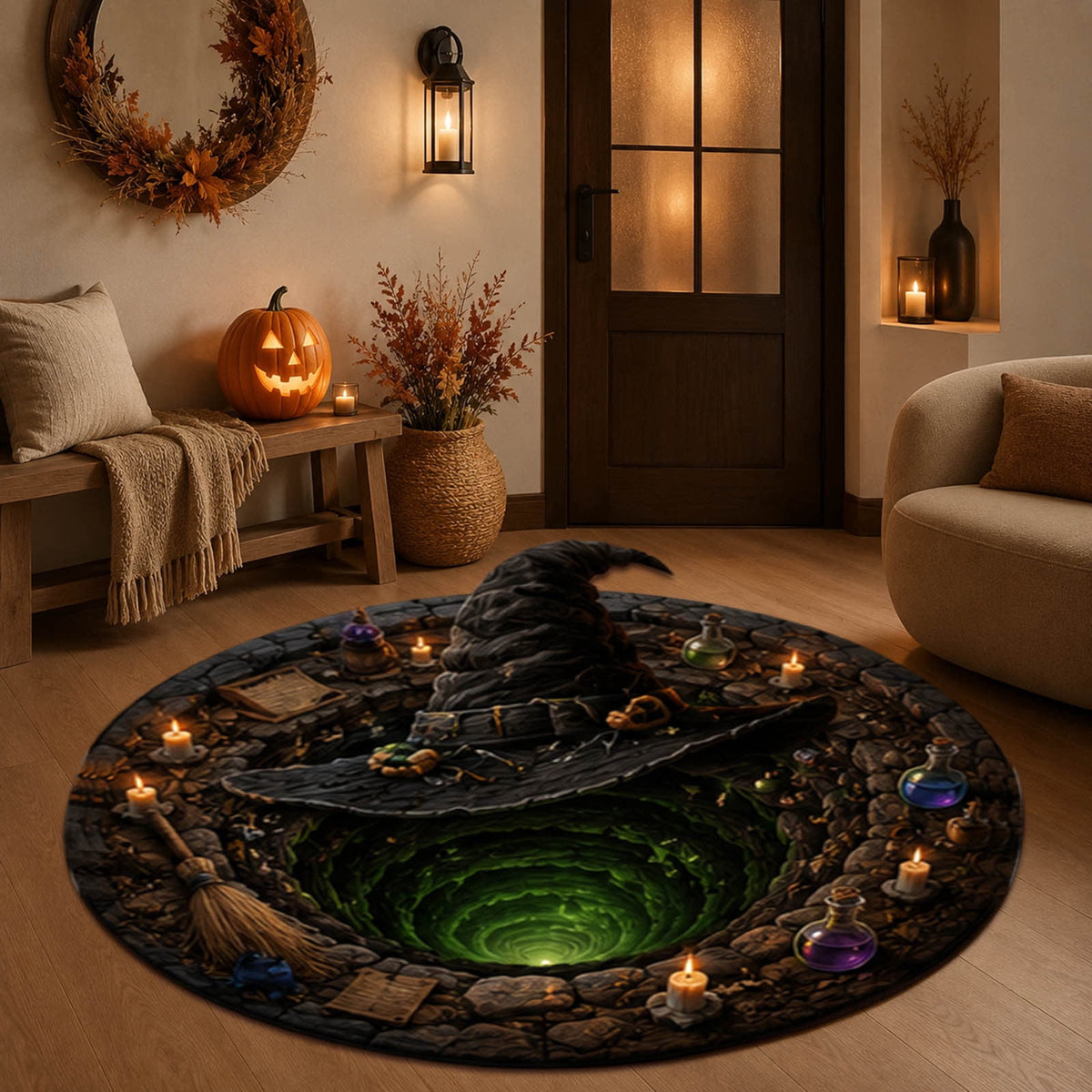3D Illusion Halloween Round Rug, Non Printed Optical Vortex Doormat, Spooky Circular Floor Mat for Indoor Entryway Home Party Decor 60x60cm