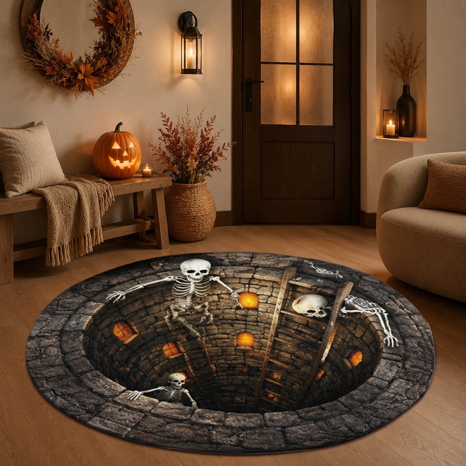 3D Illusion Halloween Round Rug, Non Printed Optical Vortex Doormat, Spooky Circular Floor Mat for Indoor Entryway Home Party Decor 60x60cm