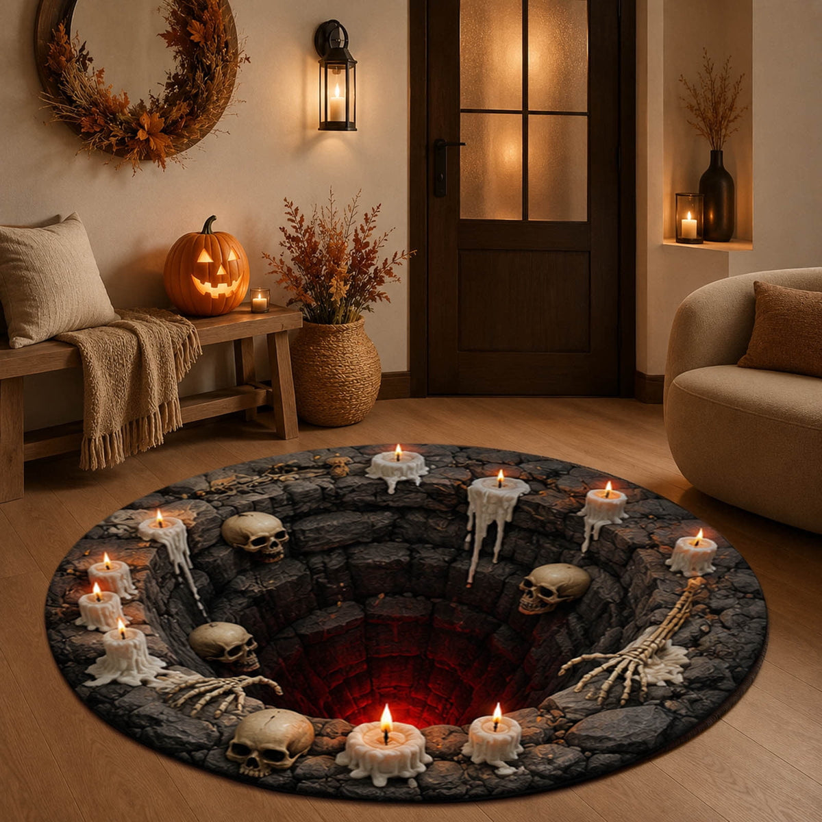 3D Illusion Halloween Round Rug, Non Printed Optical Vortex Doormat, Spooky Circular Floor Mat for Indoor Entryway Home Party Decor 60x60cm