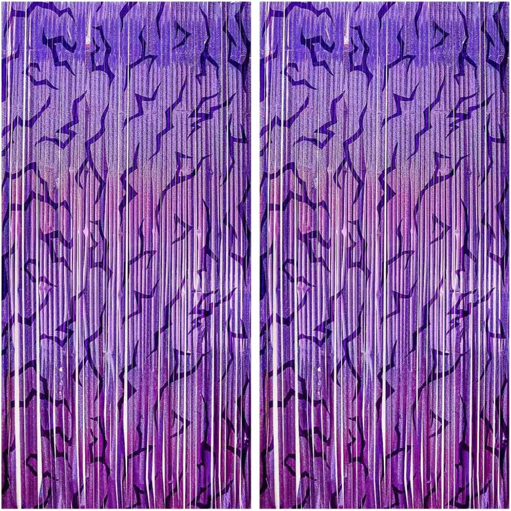 3PCS Foil Fringe Curtains Purple Gradient Holographic Backdrop with Demon Energy Pattern, 6.6ft Streamer Decorations for Birthday Graduation Bachelor Party