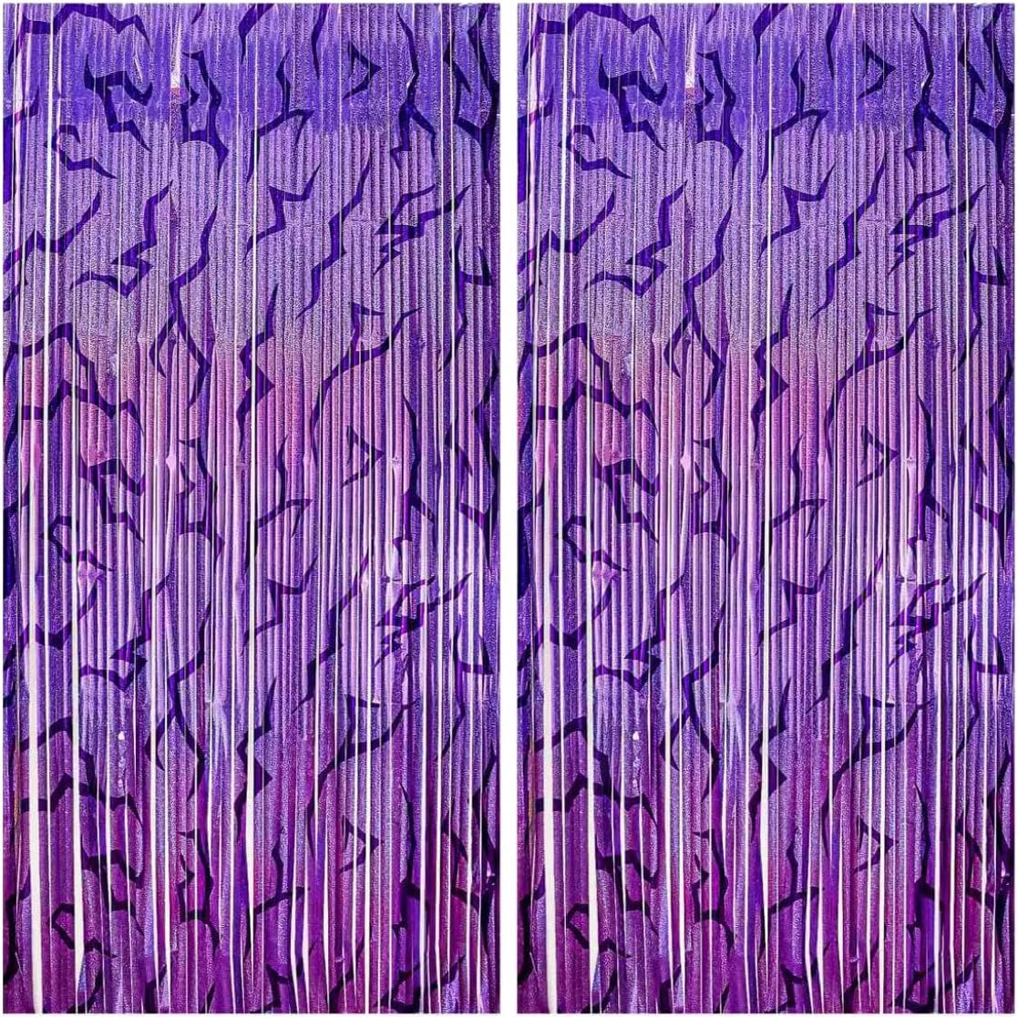 3PCS Foil Fringe Curtains Purple Gradient Holographic Backdrop with Demon Energy Pattern, 6.6ft Streamer Decorations for Birthday Graduation Bachelor Party