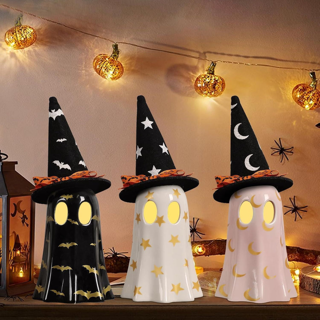 3Pcs Ceramic Ghost Figurines with Witch Hats Halloween Table Decor Set for Mantel Shelf Centerpiece Gift