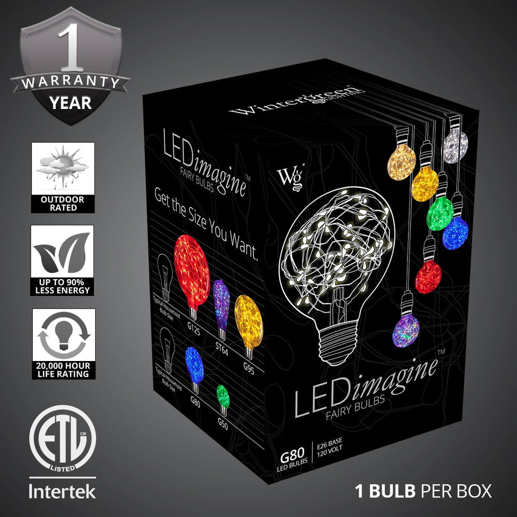 LEDimagine G80 Fairy Light Bulb, 50 Multicolor Color Changing LED Diodes Inside, Clear Glass Finish, E26 Base