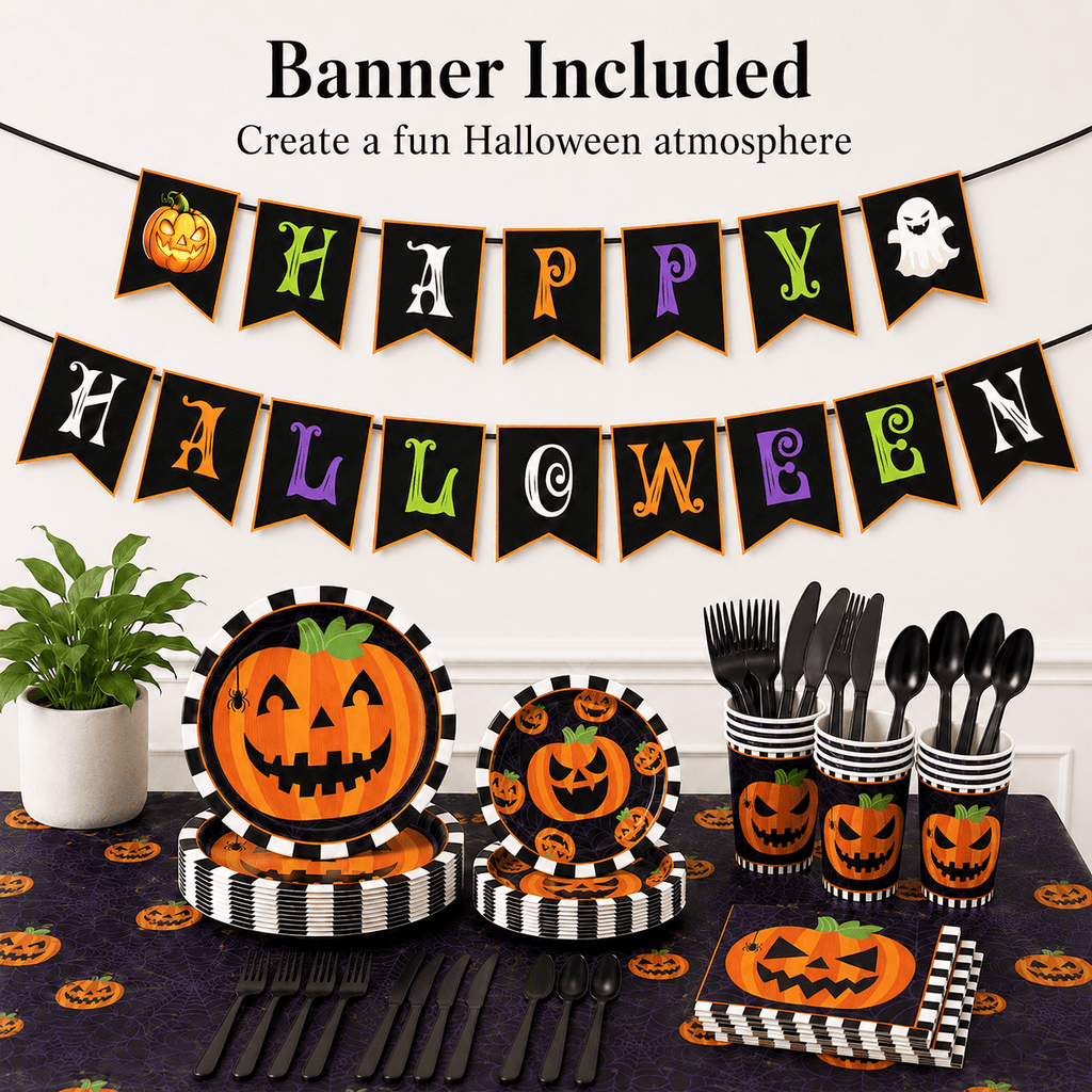 Halloween Paper Plates for Halloween Party Decoration Disposable Cups Napkins Table Cover for Halloween Banner Birthday Party Supplies Serve 20 Design 3