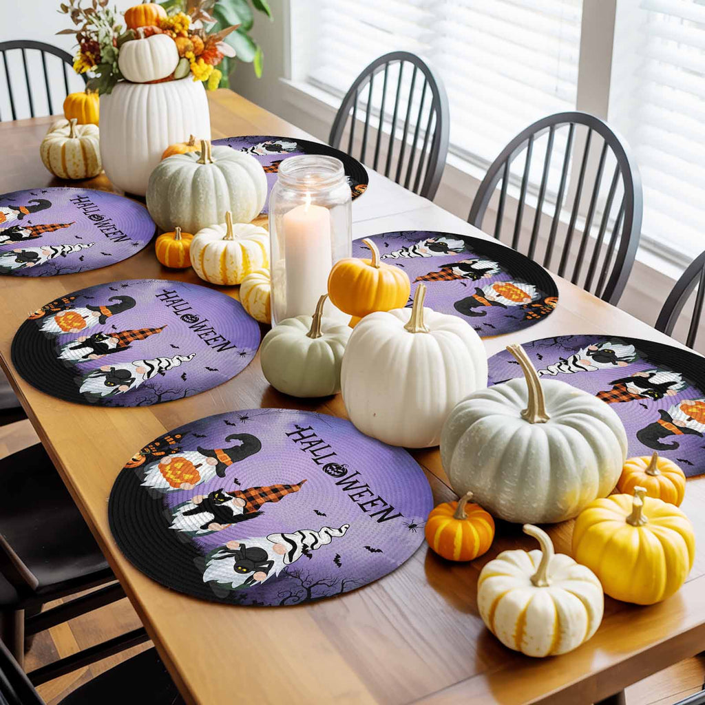 Halloween Round Placemats Set of 4 Gnomes Pumpkin Place Mats Washable Woven Placemat Black Cat Bat Castle Purple Circle Braided Table Mat for Kitchen Dining Table Holiday Party Home Decor 15 Inch