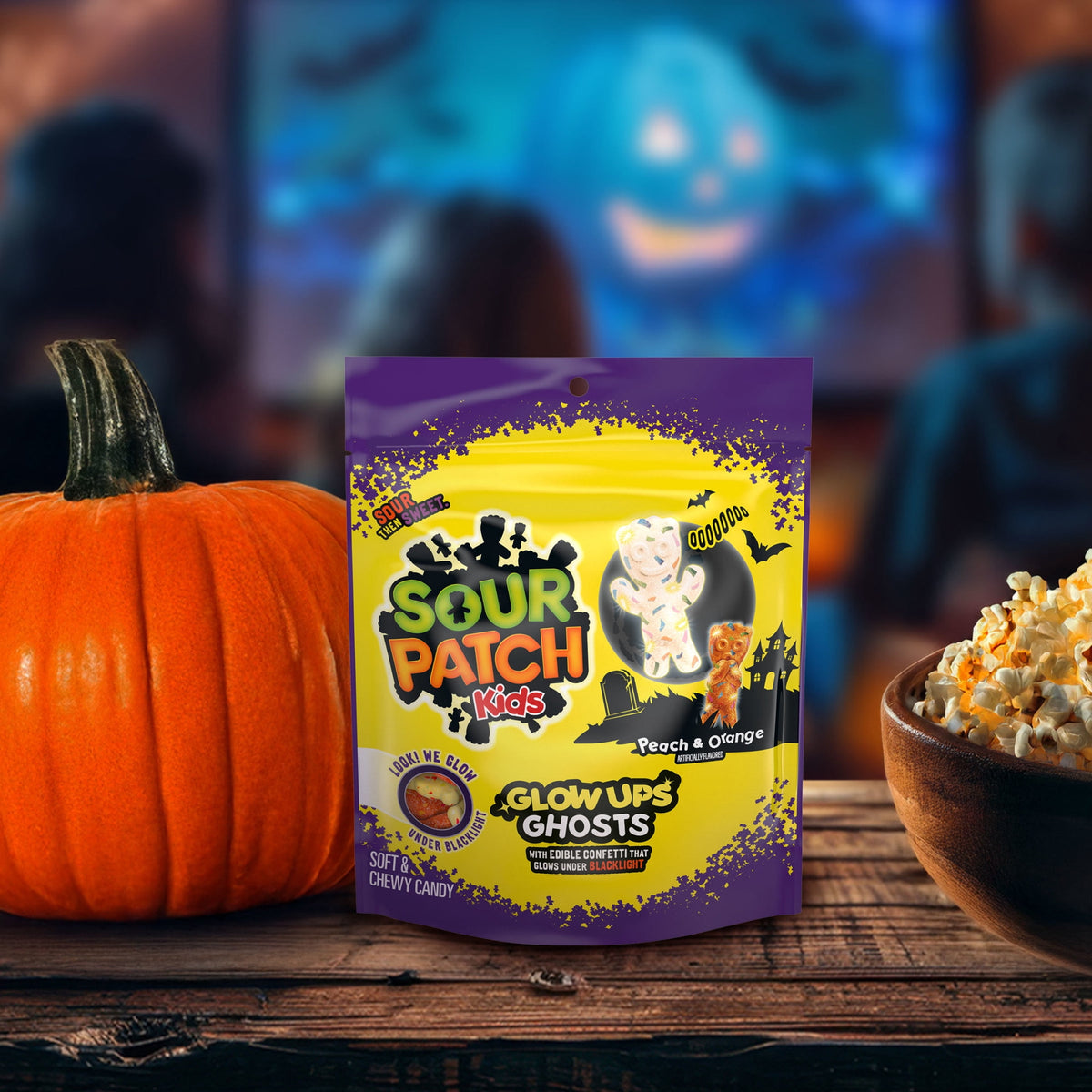 SOUR PATCH KIDS Glow Ups Ghosts Soft & Chewy Gummy Halloween Candy, 8.37 oz