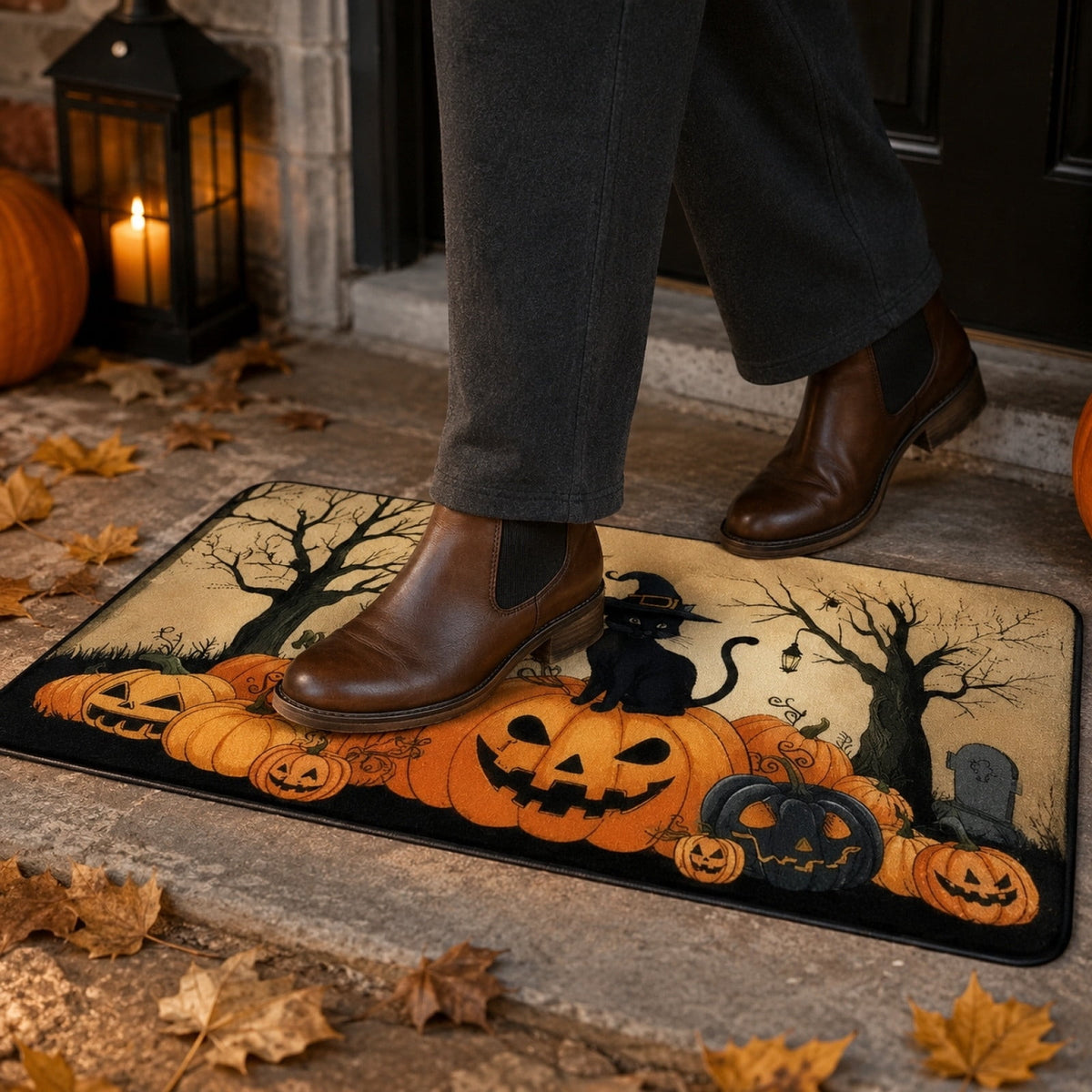Halloween Black Cat Doormat, 23.6x15.7 Inch Spooky Pumpkin Floor Rug, Non-Slip Seasonal Entryway Mat for Front Door Porch & Indoor Decor