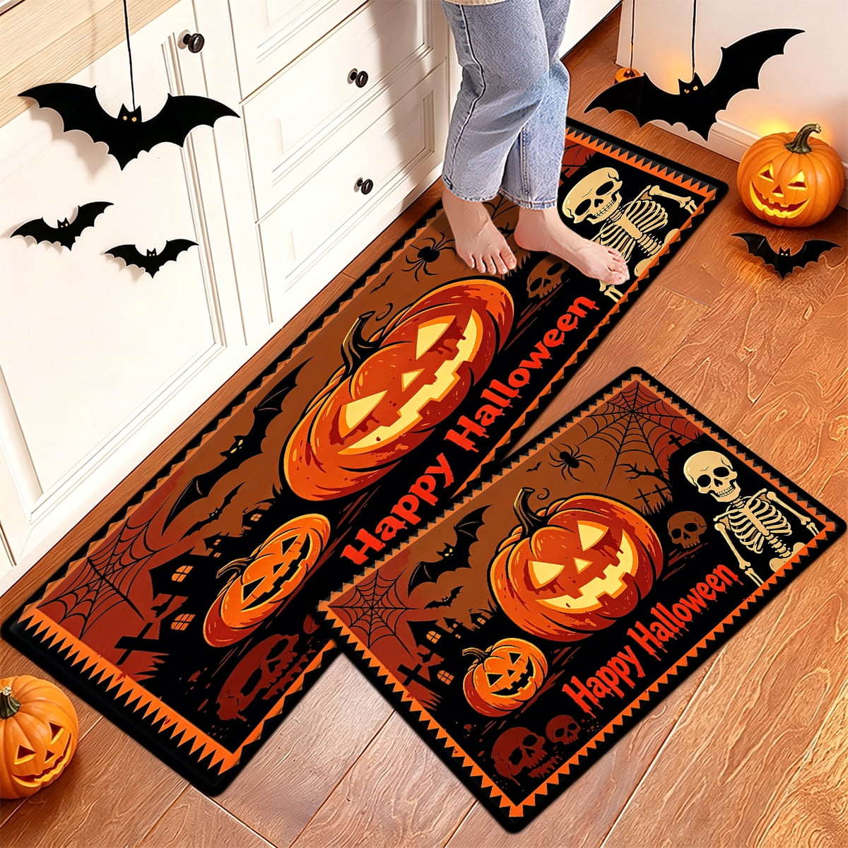 YIMEIS Halloween Pumpkin Lanterns 1Pc Flannel Mat and Kitchen Rugs,Soft Non-slip,Perfect for Home Bathroom