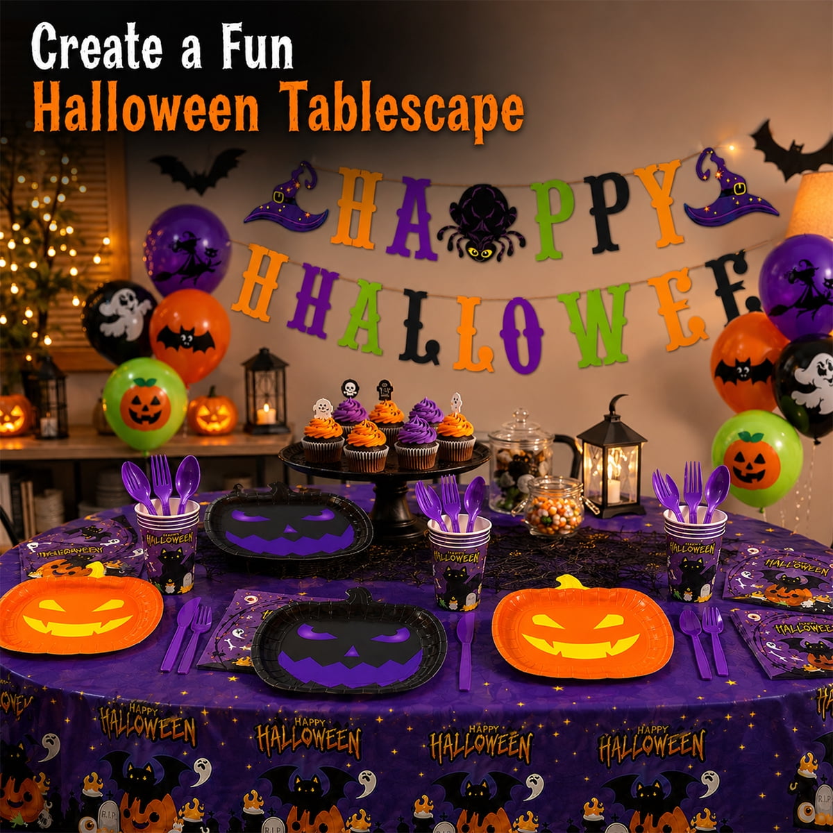 Halloween Paper Plates for Halloween Party Decoration Disposable Cups Napkins Table Cover Balloons Banner for Halloween Birthday Party Supplies Serve 20 Design2