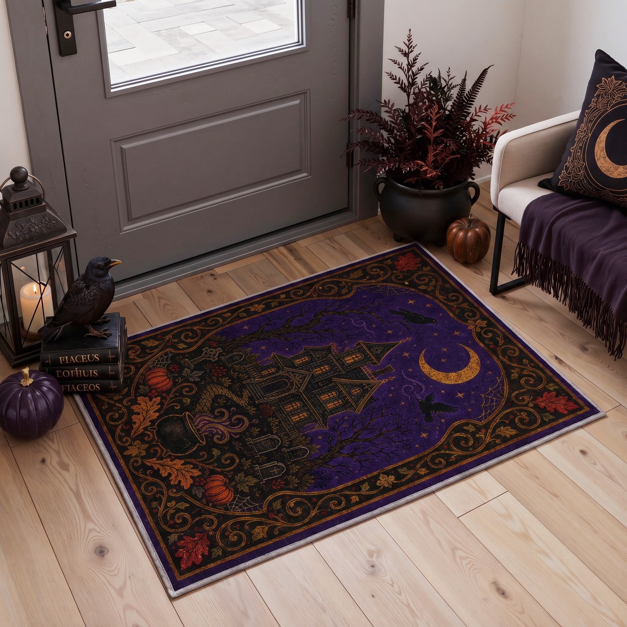 GENIMO 2'x7' Halloween Runner Rug, Washable Non Slip Soft Vintage Witch Indoor Outdoor Hallway Runner for Porch Patio Kitchen Entryway, Vintage Black