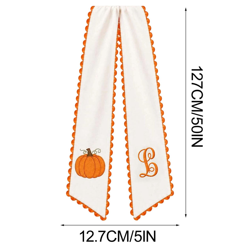 Pumpkin Embroidered Wreath Sash, 50 x 5 inch Orange Scalloped Lettered Ribbon for Halloween, Thanksgiving, Front Door, Seasonal Garland and Fall Home Decor, I