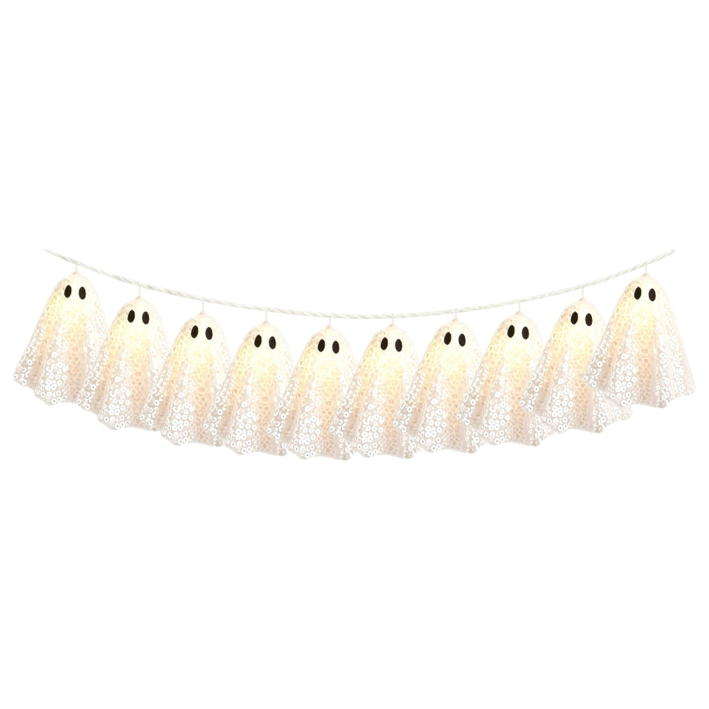 Halloween Light Up Ghost Garland, 6.56FT 10 Sequin Ghost Banner with Black Eyes, Spooky Hanging Decoration for Fireplace Party Yard Tree Indoor & Outdoor Decor