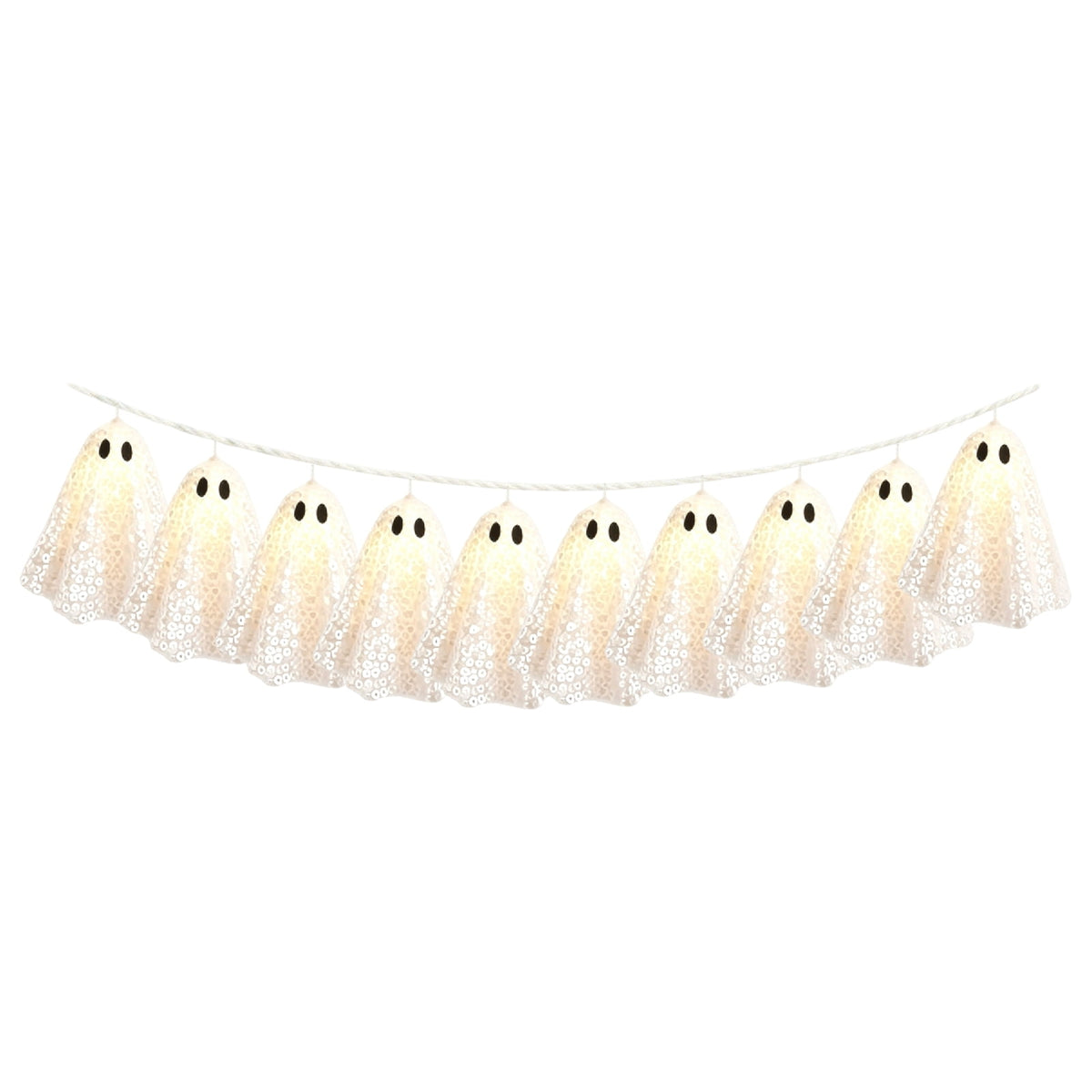 Halloween Light Up Ghost Garland, 6.56FT 10 Sequin Ghost Banner with Black Eyes, Spooky Hanging Decoration for Fireplace Party Yard Tree Indoor & Outdoor Decor
