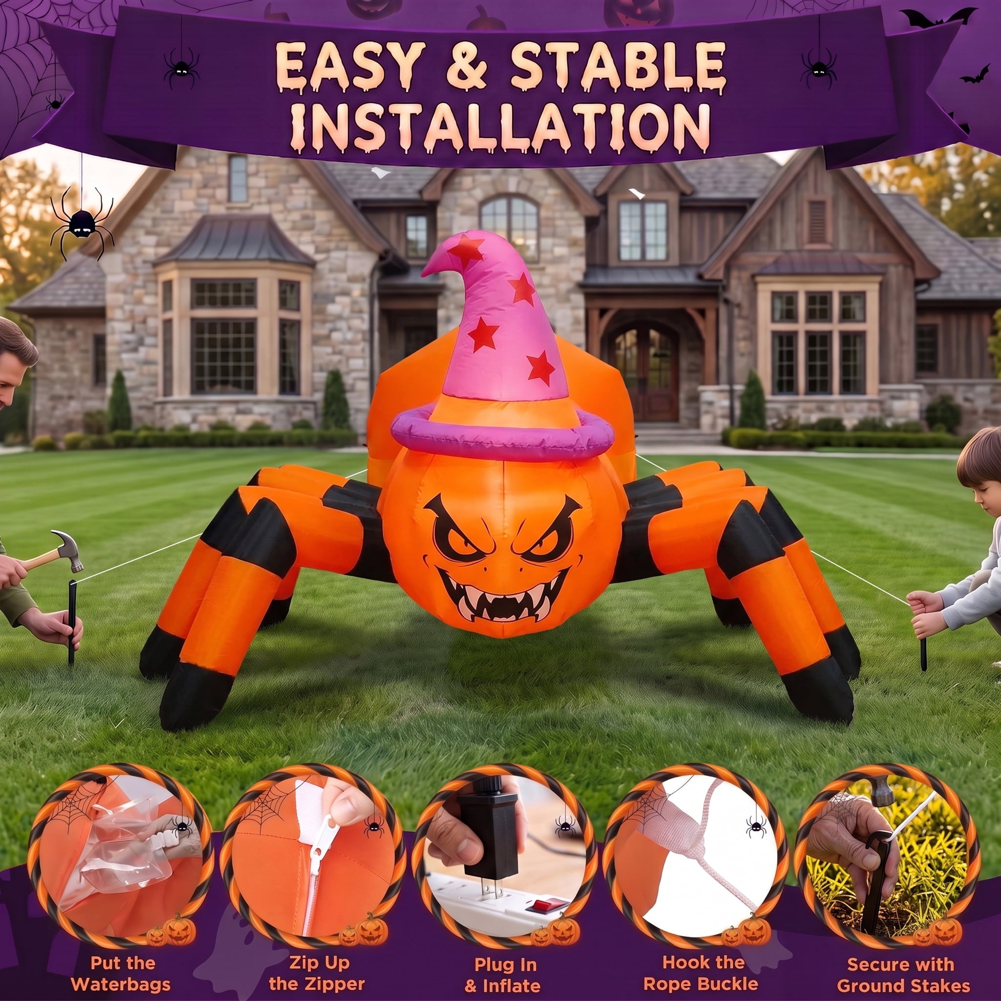 Glazina 6 FT Halloween Inflatable Pumpkin Spider with Witch Hat, Built-In LED Lights, Outdoor Halloween Blow Up Yard Decoration