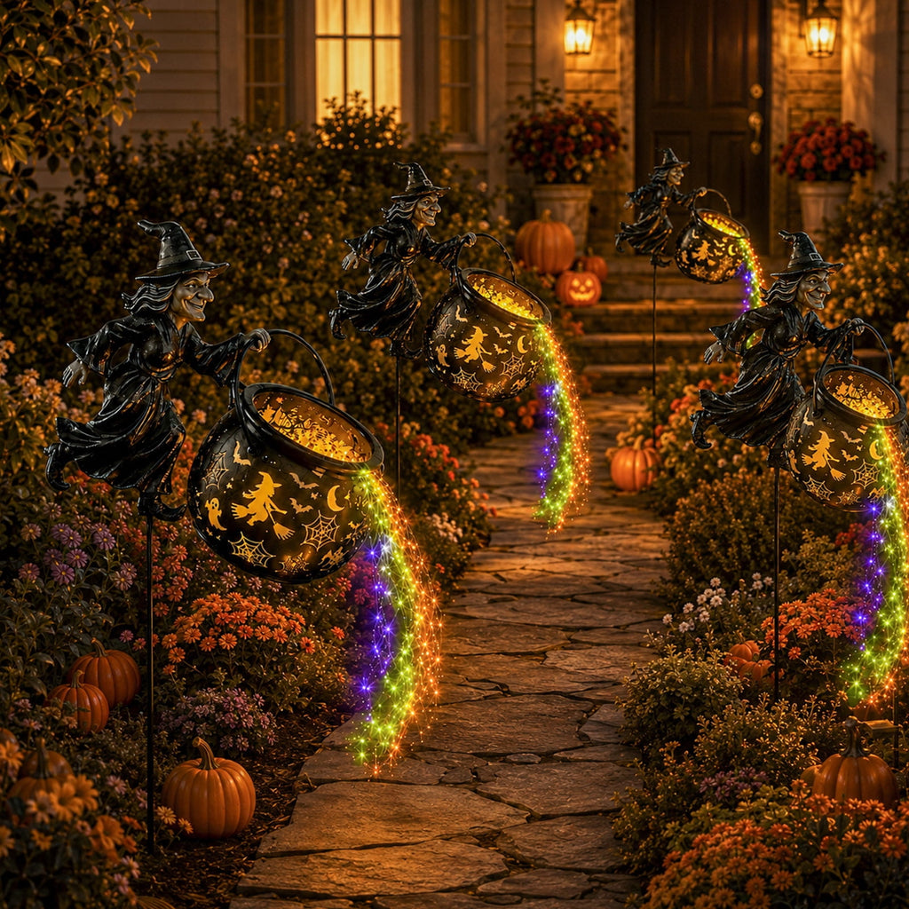 Halloween Witch Cauldron Garden Light, Solar Powered Halloween Projector Outdoor Decoration with Flying Witch and Lighted Cauldron, Witch Light Stake for Lawn Garden Porch Yard Decor, Style D