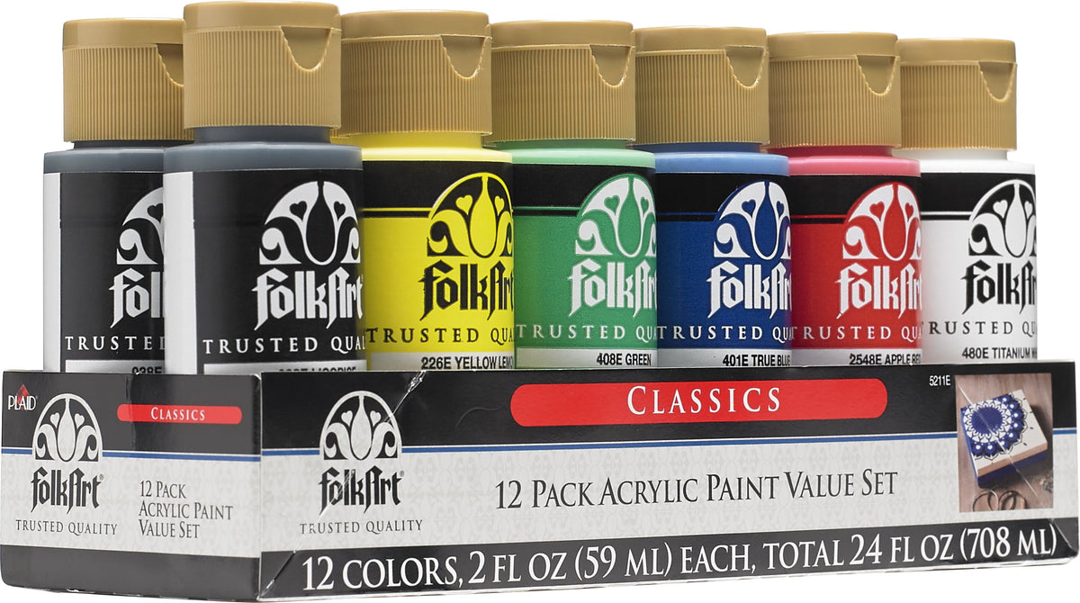 FolkArt 5211E Acrylic Craft Paint Set, Matte Finish, Classic, Set of 12, 24 fl oz