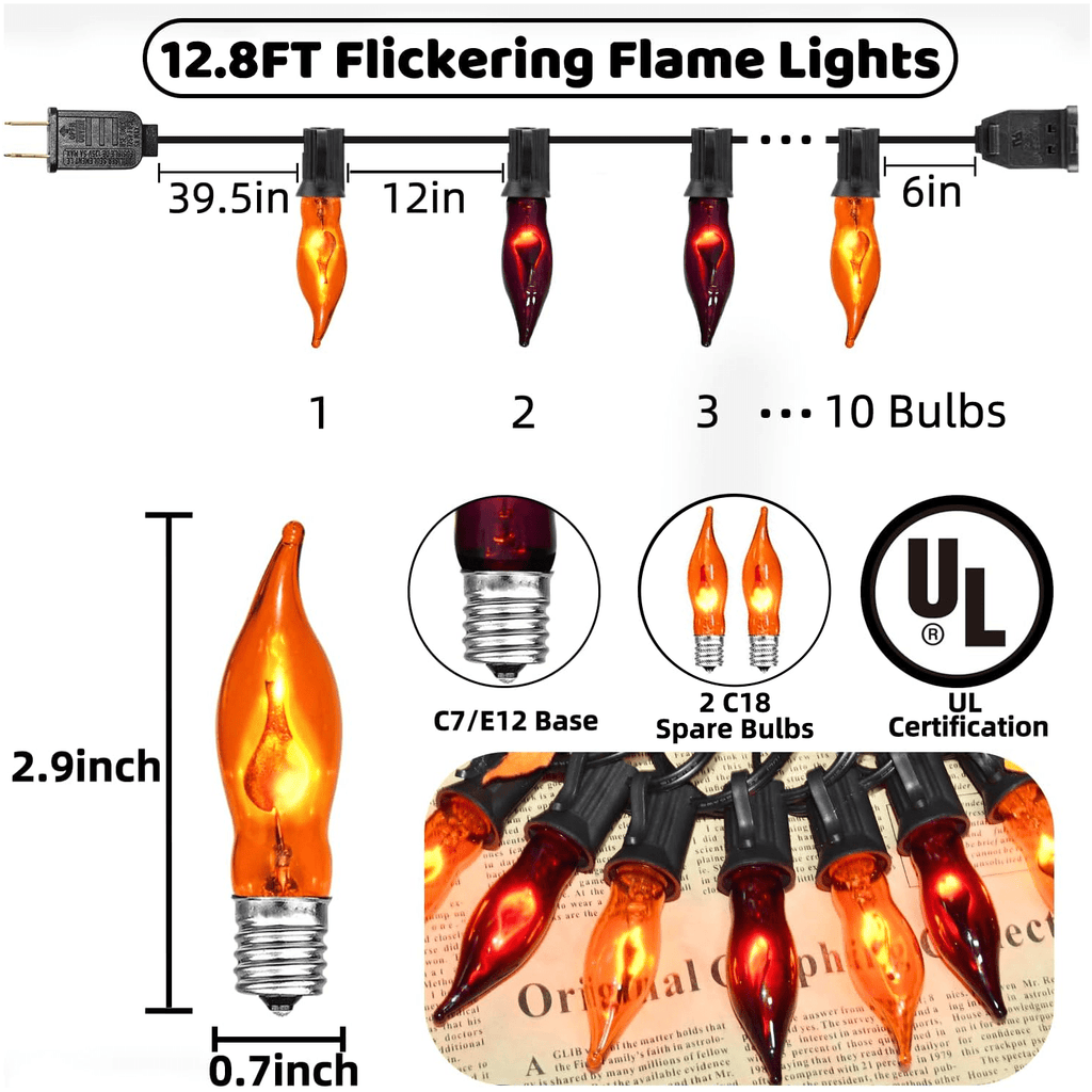 12.8Ft Christmas Lights Flickering Flame String Lights with 12 Pack Clear C7 Flame Light Bulbs（2 Spare）, Great for Indoor Outdoor Home Patio Party Christmas Decorations Lights, 1W, E12 Base