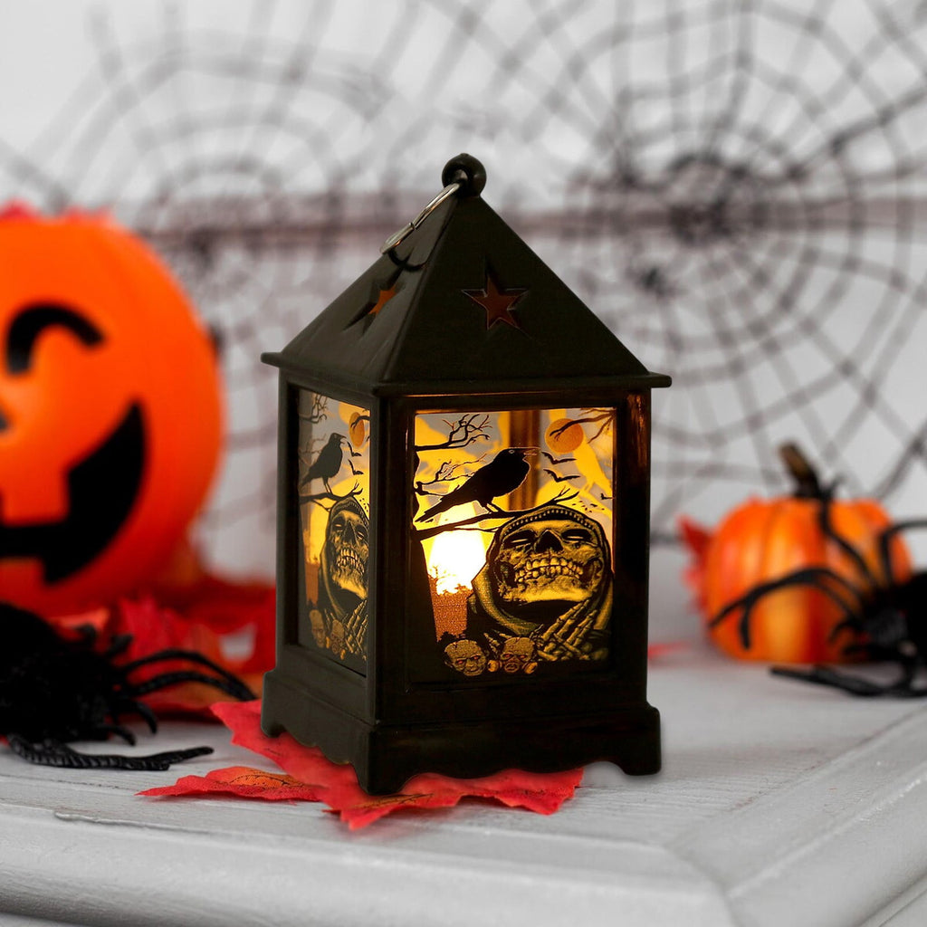 Halloween LED Lanterns with Spooky Skeleton, Owl, Bat, Castle & Flame Designs – Battery Operated Hanging Lights for Indoor/Outdoor Halloween Party Decor (C)
